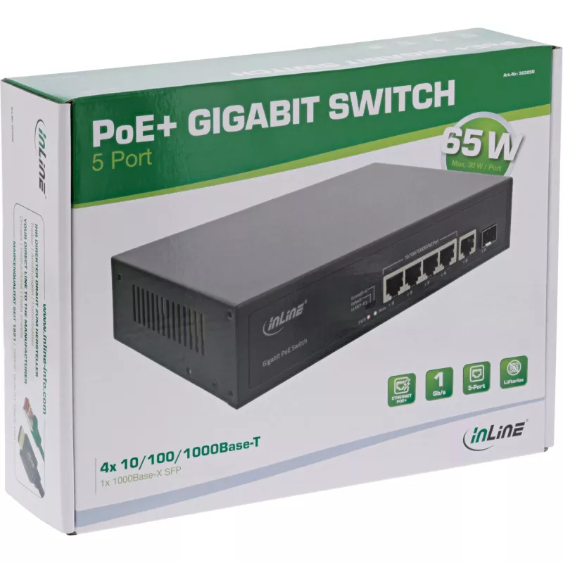 Switch não gerido InLine PoE+ Gigabit Network Switch 5 portas 4x PoE+ 1xSFP 1Gb/s desktop