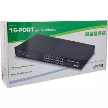 Switch de rede InLine Gigabit 16 portas, 1Gb/s, 19 polegadas 1U, sem ventoinha