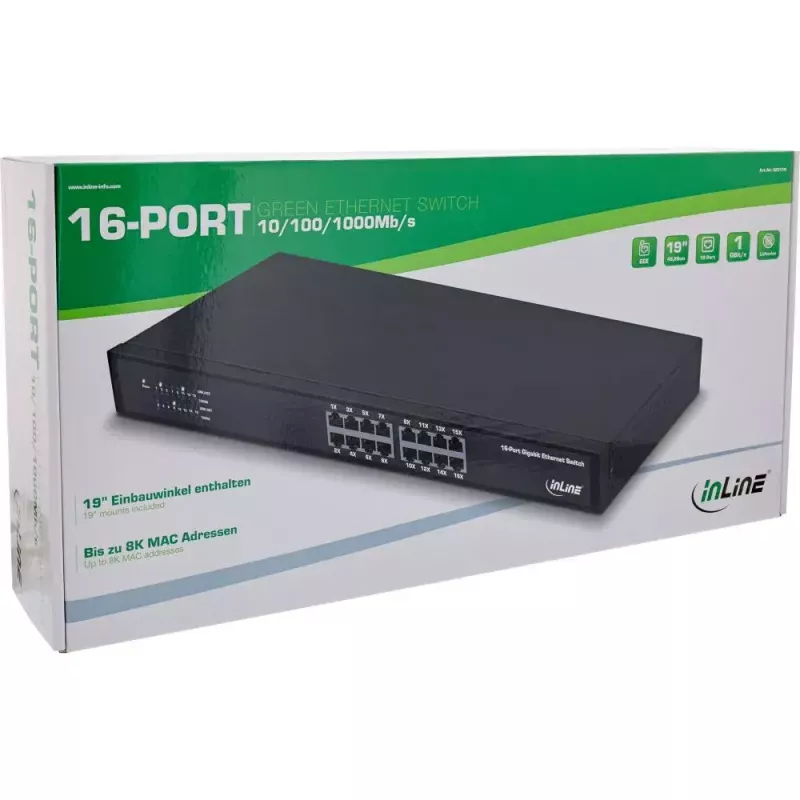 Switch de rede InLine Gigabit 16 portas, 1Gb/s, 19 polegadas 1U, sem ventoinha