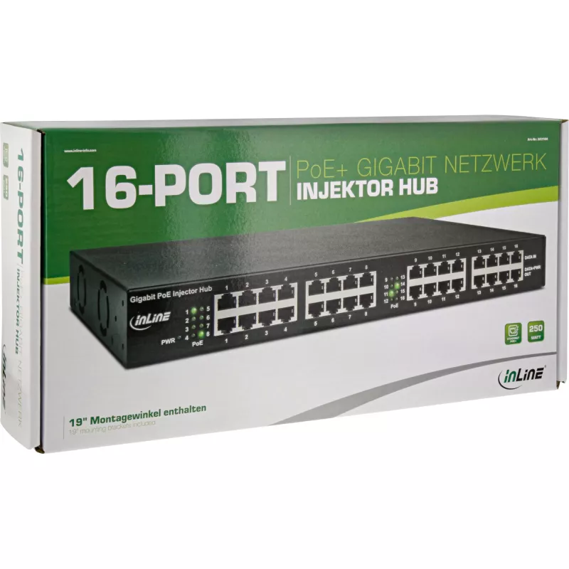 Hub injetor InLine PoE+ Gigabit 16 portas PoE+, 19 polegadas 1U, suportes incluídos, 2 ventoinhas