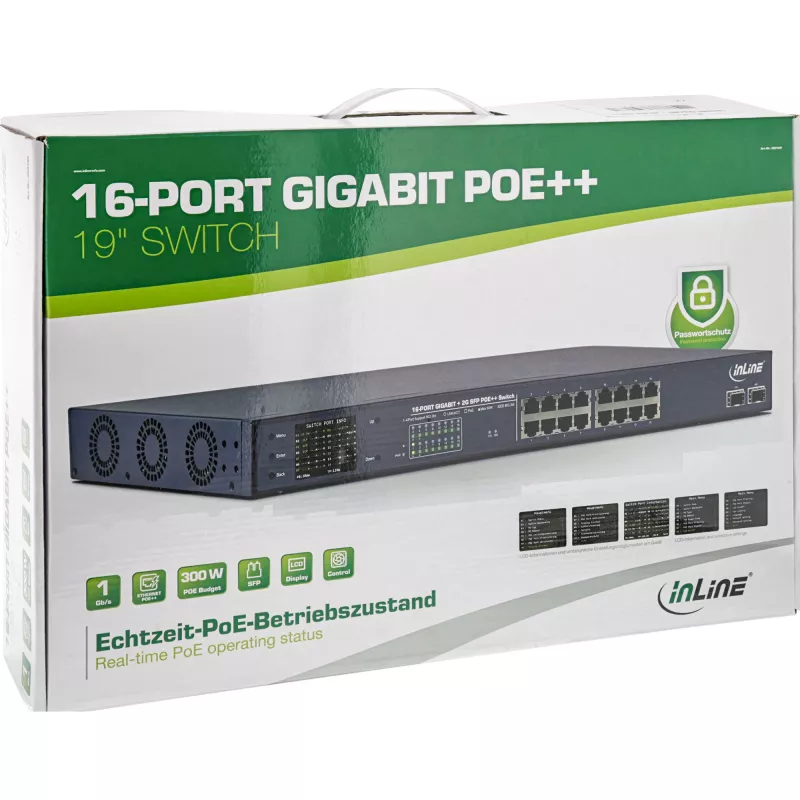 Switch de rede PoE+ Gigabit InLine 24 portas, 1 Gb/s, 2xSFP, 19 polegadas 1HE (incl. suportes)