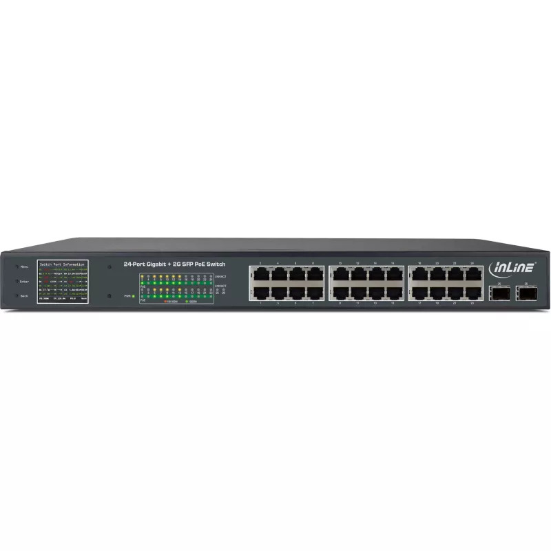 Switch de rede InLine PoE+ Gigabit 24 portas, 1 Gb/s, 2xSFP, 19 polegadas 1U (incl. suportes)