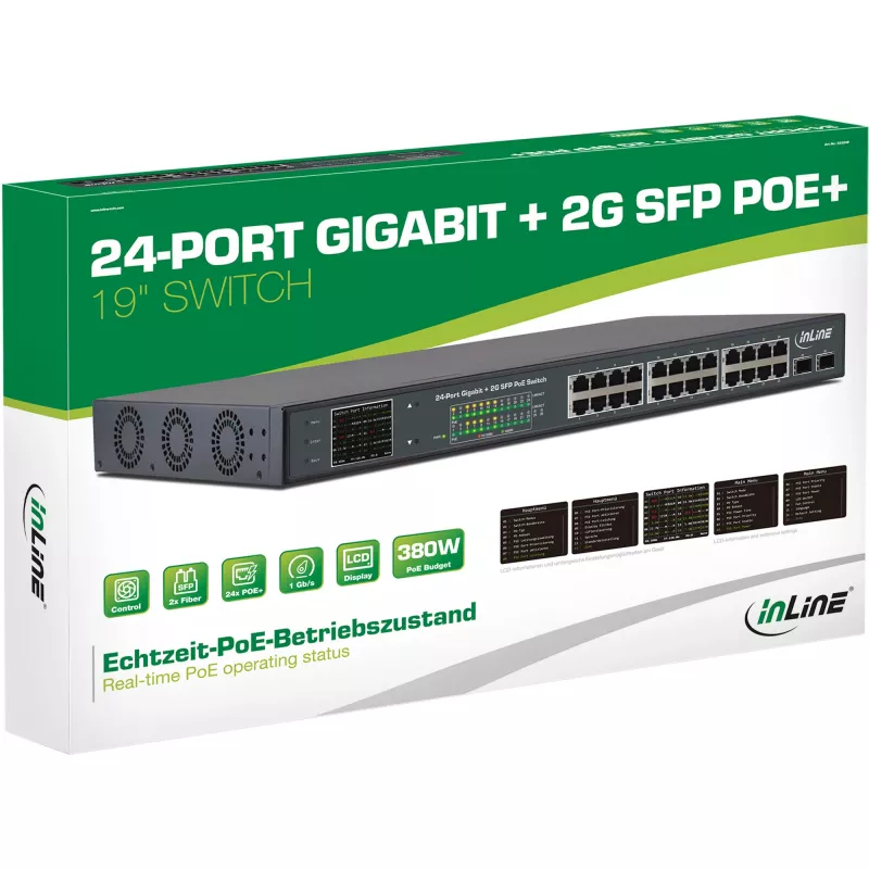 Switch de rede InLine PoE+ Gigabit 24 portas, 1 Gb/s, 2xSFP, 19 polegadas 1U (incl. suportes)