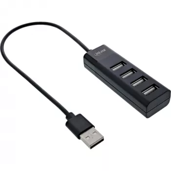 Hub USB 2.0 InLine 4 portas, conector macho Type-A para 4x conector fêmea Type-A, preto, 30 cm, fino