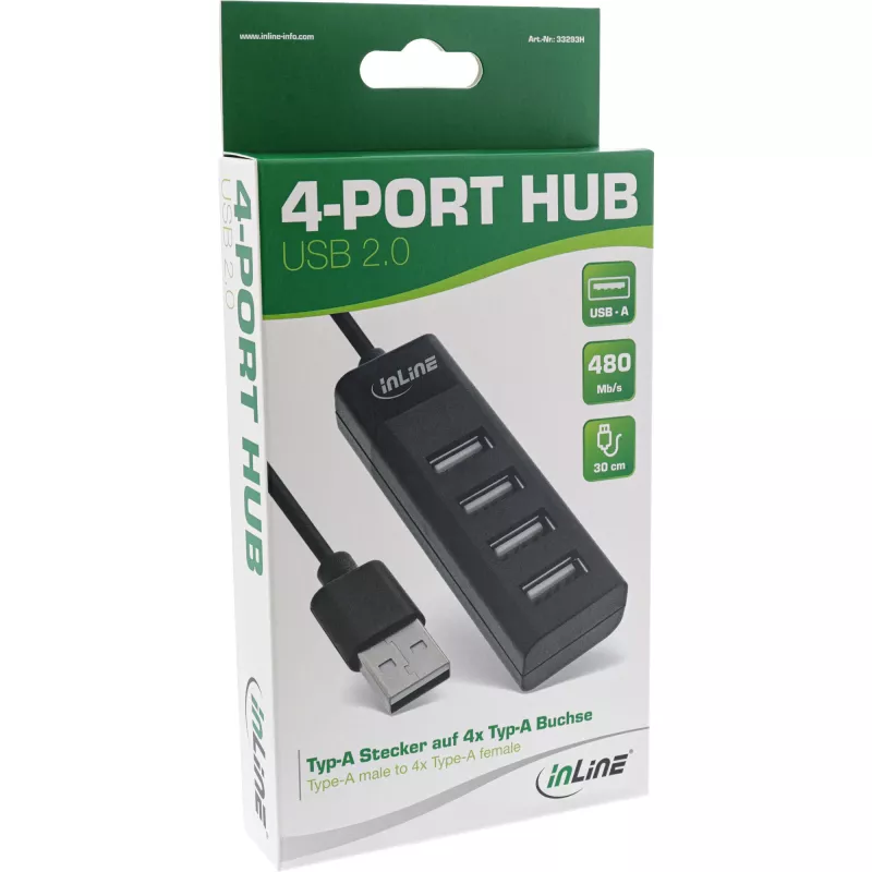 Hub USB 2.0 InLine 4 portas, conector macho Type-A para 4x conector fêmea Type-A, preto, 30 cm, fino