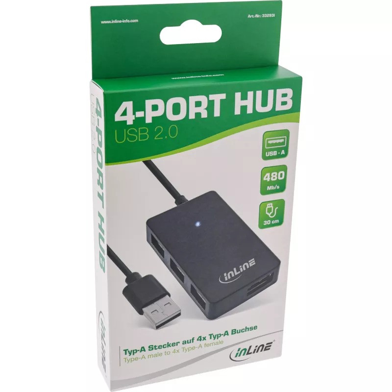 Hub USB 2.0 InLine 4 portas, conector macho Type-A para 4x conector fêmea Type-A, preto, 30 cm
