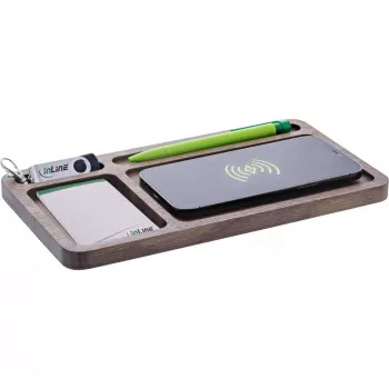 Organizador InLine WoodCharge com superfície de carregamento Qi e fonte de alimentação USB