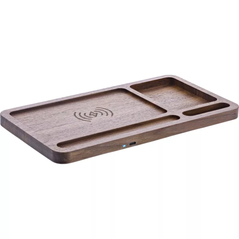 Organizador InLine WoodCharge com superfície de carregamento Qi e fonte de alimentação USB