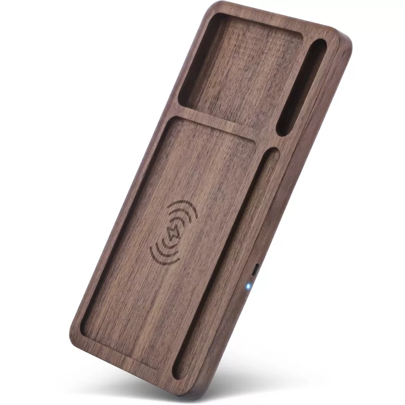 Organizador InLine WoodCharge com superfície de carregamento Qi e fonte de alimentação USB