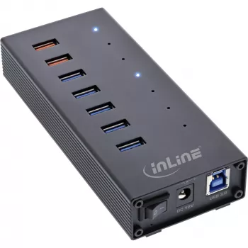 Hub InLine USB 3.2 Gen.1 7 portas caixa em alumínio com fonte de alimentação 2,5A, preto