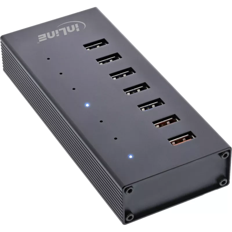 Hub InLine USB 3.2 Gen.1 7 portas caixa em alumínio com fonte de alimentação 2,5A, preto