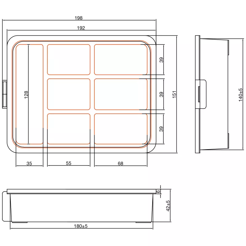 Caixa de peças pequenas InLine, 7 compartimentos, 180 x 140 x 40 mm, laranja