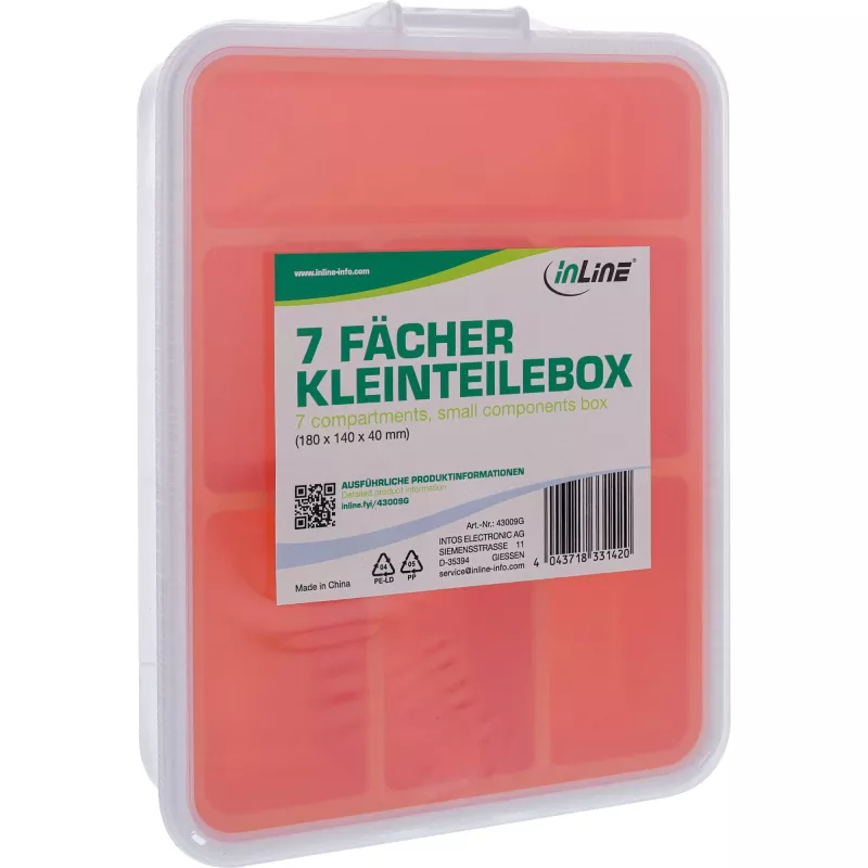 Caixa de peças pequenas InLine, 7 compartimentos, 180 x 140 x 40 mm, laranja