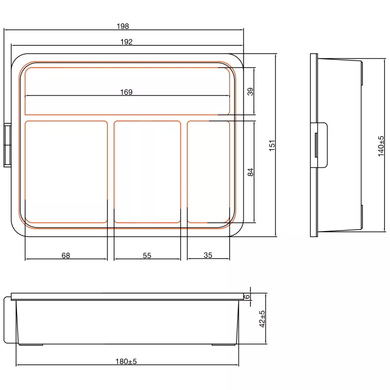 Caixa de peças pequenas InLine, 4 compartimentos, 180x140x40mm, laranja