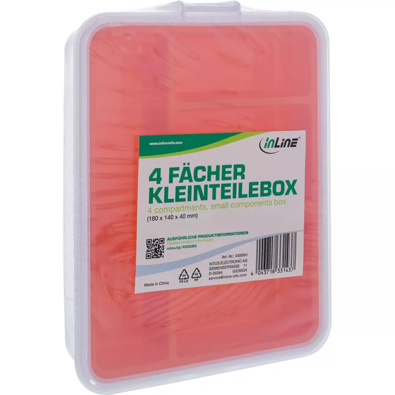 Caixa de peças pequenas InLine, 4 compartimentos, 180x140x40mm, laranja