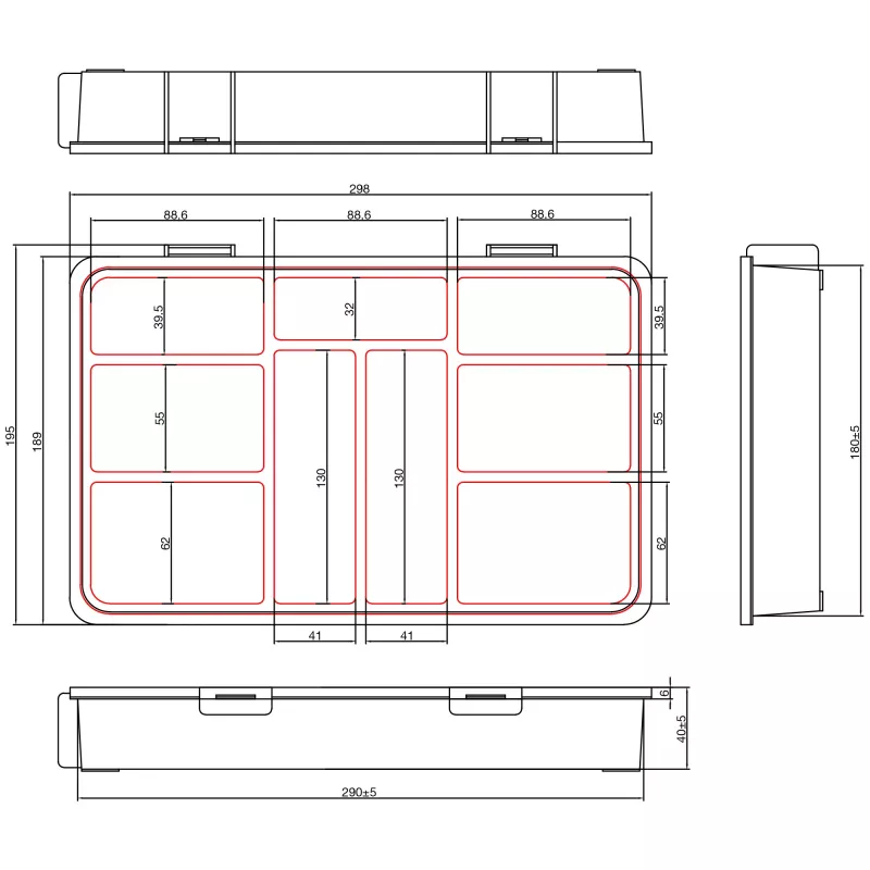 Caixa de peças pequenas InLine, 9 compartimentos, 290x185x45mm, laranja