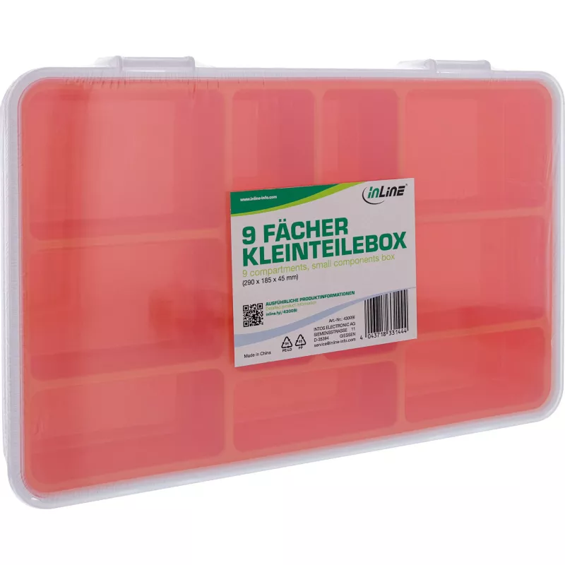Caixa de peças pequenas InLine, 9 compartimentos, 290x185x45mm, laranja