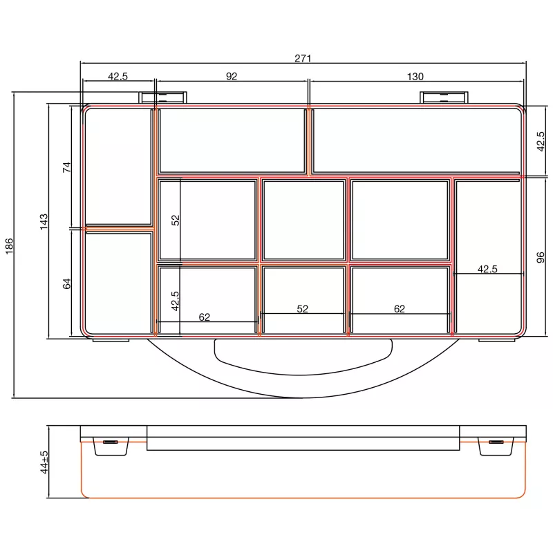 Caixa de peças pequenas InLine, 11 compartimentos, 271x186x40mm, laranja