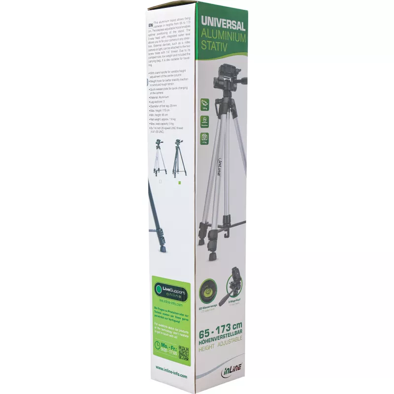 Tripé profissional InLine leve prateado capacidade de carga 5 kg altura 173 cm