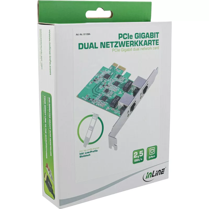 InLine 51126A Placa de rede Dual 2,5 Gigabit, 2x RJ45, PCIe x1, incl. suporte LP
