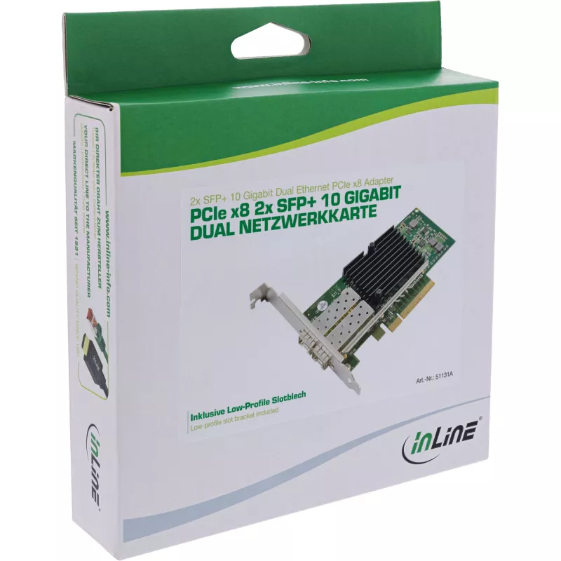 Placa de rede Dual 10 Gigabit InLine, 2x SFP+, PCIe x8, incl. chapa LP