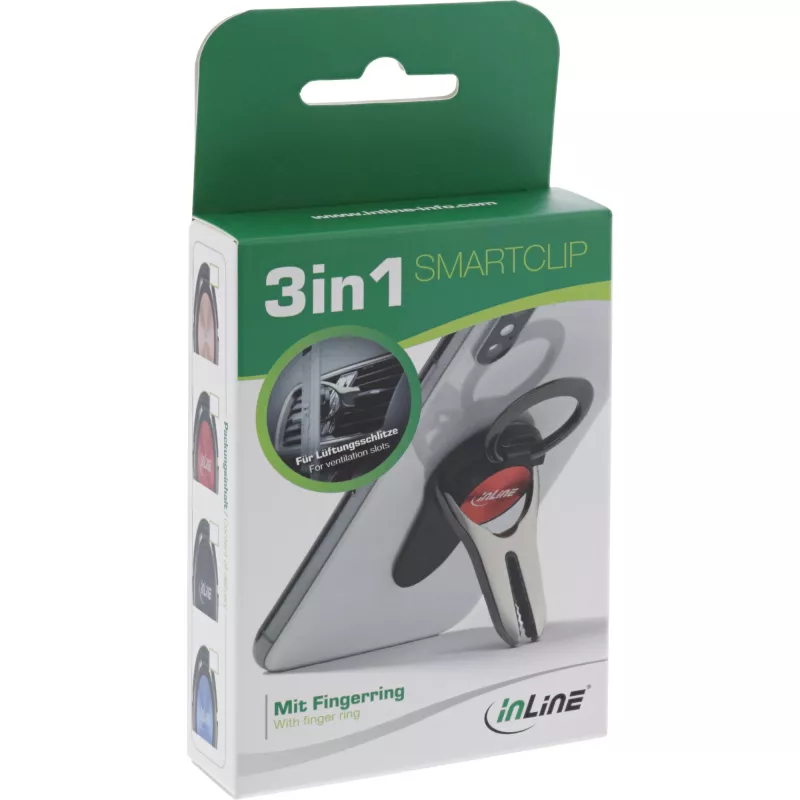 Suporte de automóvel 3-em-1 para smartphone InLine, suporte, anel para dedo, preto