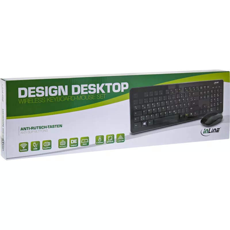 Conjunto de secretária InLine Design, USB 2,4 GHz, máx. 1600 dpi, preto, ALEMÃO