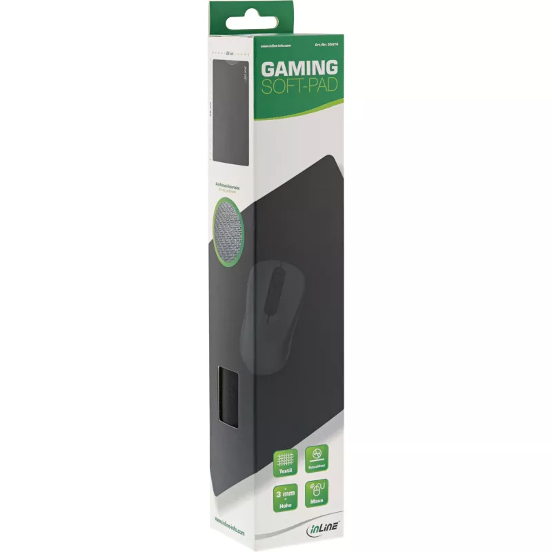 Tapete de rato InLine, tapete gaming macio, 350x260x3mm, preto