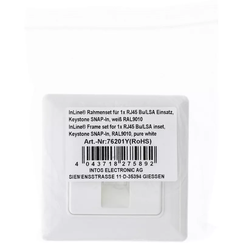 Conjunto de moldura InLine para 1x RJ45 conector fêmea/inserto LSA, Keystone SNAP-In, branco RAL9010