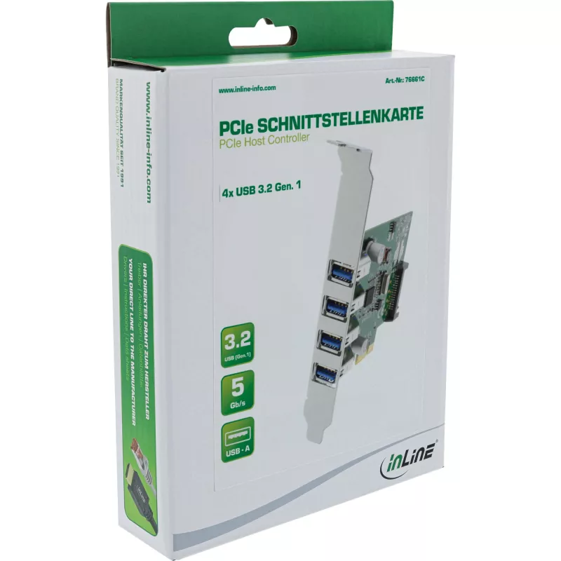 InLine Controlador host USB 3.0 4 portas PCIe incl. chapa LP e alimentação aux. 4 pinos