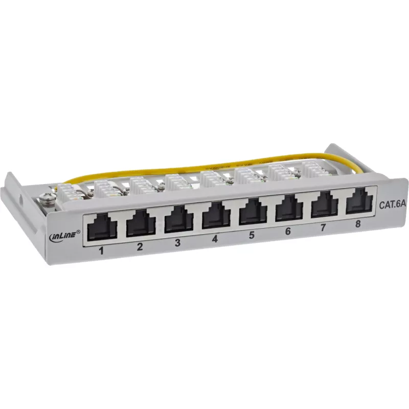 Patch panel InLine Cat.6A 0,5HE 8 portas, mesa/parede/calha, cinzento, proteção contra pó