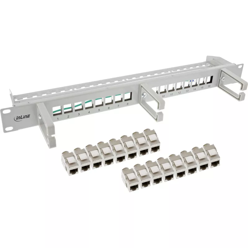 Patch panel InLine Cat.6A 16 vias, com 3 guias de gestão de cabos, 16 keystones, 19