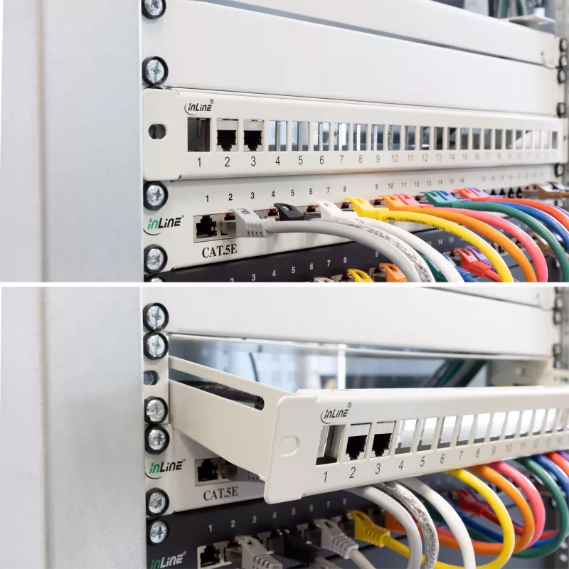 InLine Blank Patch Panel com extração 19 polegadas 24 portas 1U cinzento-claro