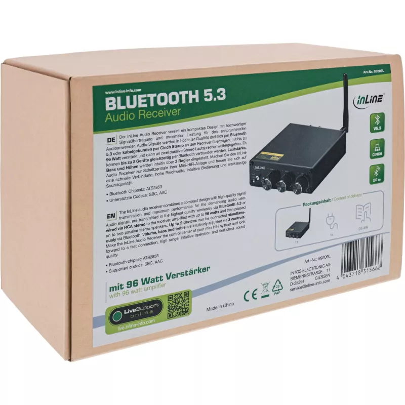 InLine recetor de áudio Bluetooth 5.3 com amplificador de 96 Watt