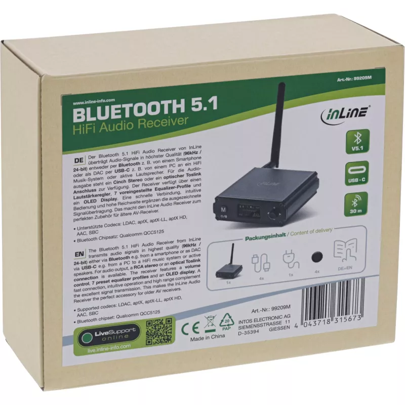 InLine recetor HiFi Bluetooth 5.1 e DAC USB com LCD alcance de 30 m