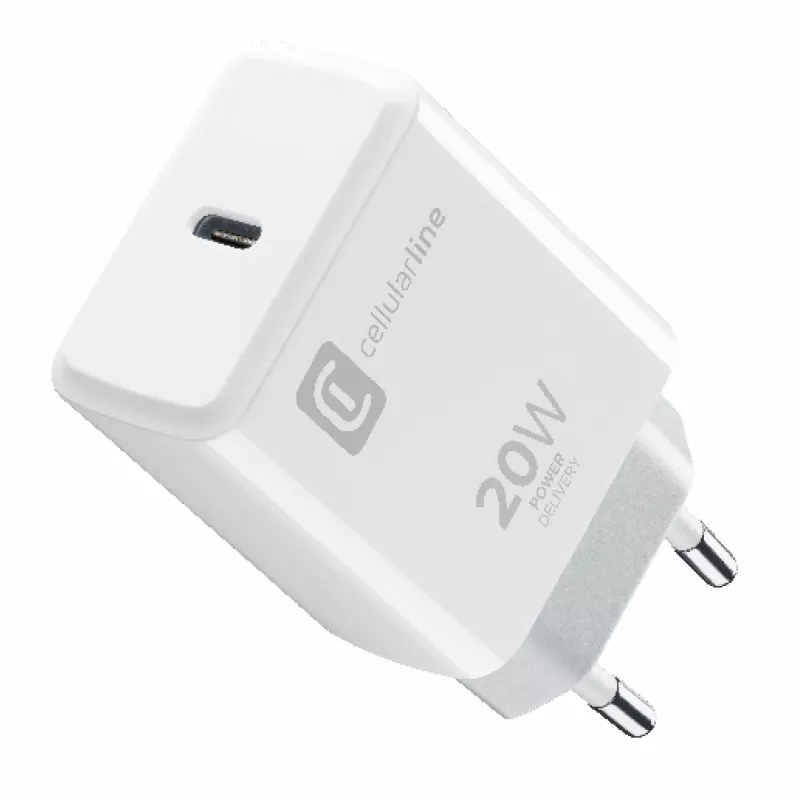 Cellularline Carregador USB-C de 20 W – iPhone 8 ou mais recente Carregador de parede USB-C de 20 W para carregar o iPhone 8 e modelos mais recentes à velocidade máxima