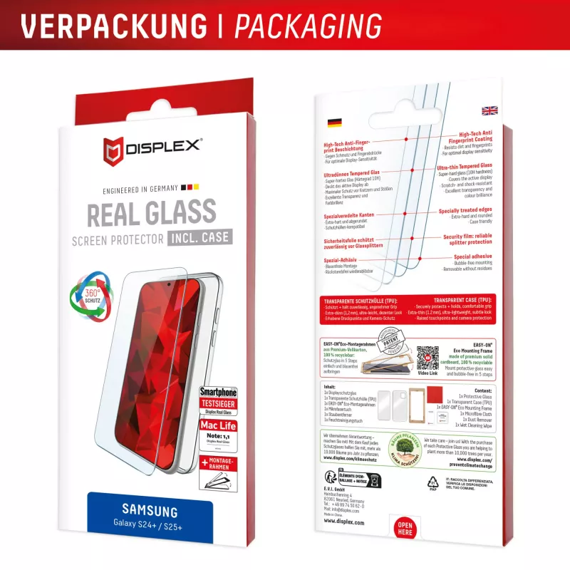 Película protetora de ecrã Displex + capa para Samsung Galaxy S24+/S25+, moldura de montagem Eco, resistente a riscos