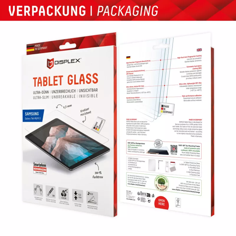 Vidro para tablet Displex (9H) para Samsung Galaxy Tab A11/A9, moldura de montagem Eco, inquebrável