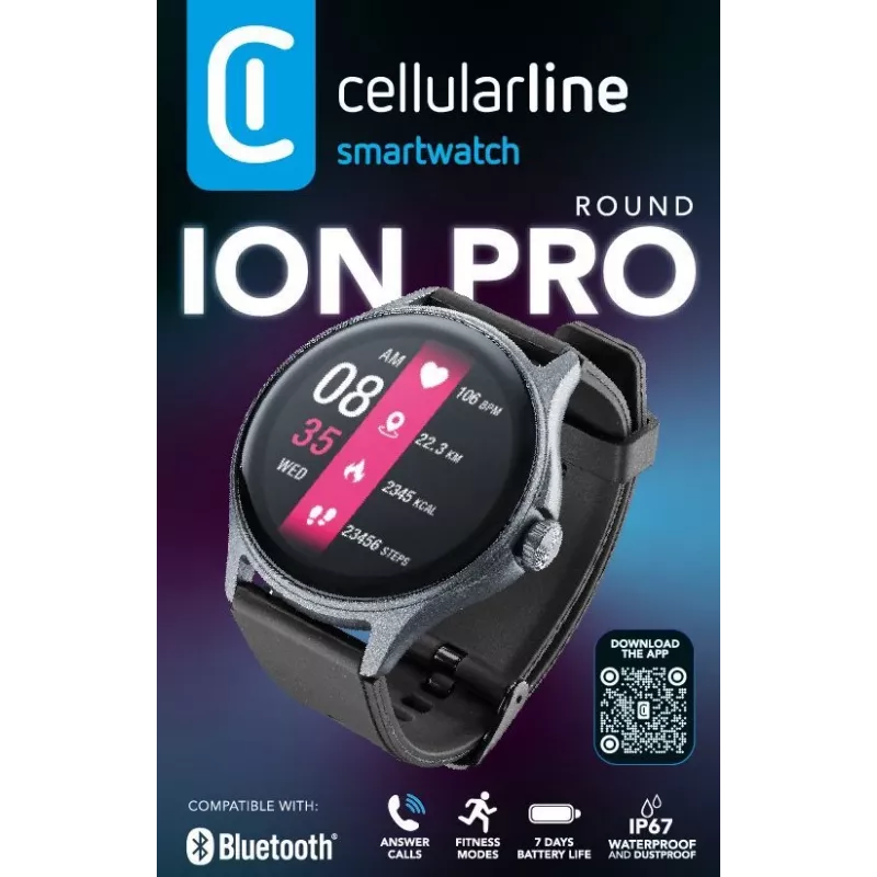 Cellularline ION PRO Round smartwatch Bluetooth® com app, 3,51 cm (1,38 polegadas), TFT, ecrã tátil, 0,00064 GB, 98 g