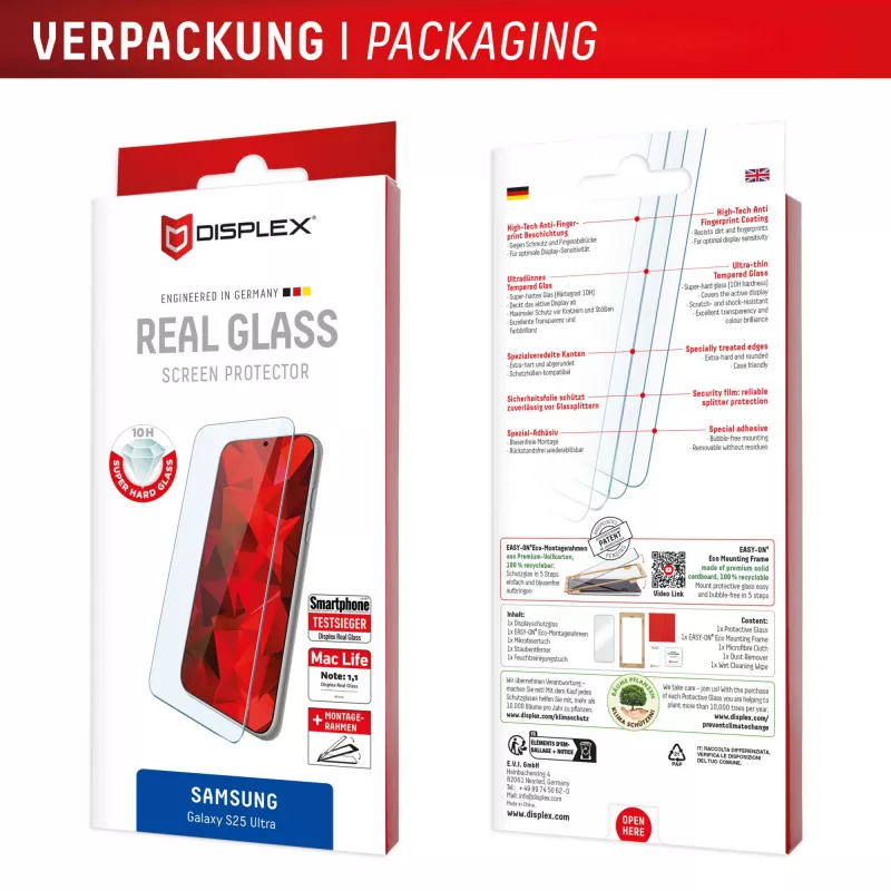 Vidro de proteção de ecrã Displex (10H) para Samsung Galaxy S25 Ultra, moldura de montagem Eco, resistente a riscos