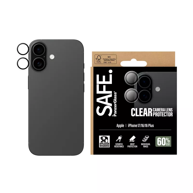 Proteção de lente de câmara PanzerGlass SAFE para iPhone 17 16 16 Plus resistente a riscos e choques transparente