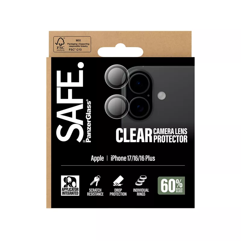 Proteção de lente de câmara PanzerGlass SAFE para iPhone 17 16 16 Plus resistente a riscos e choques transparente