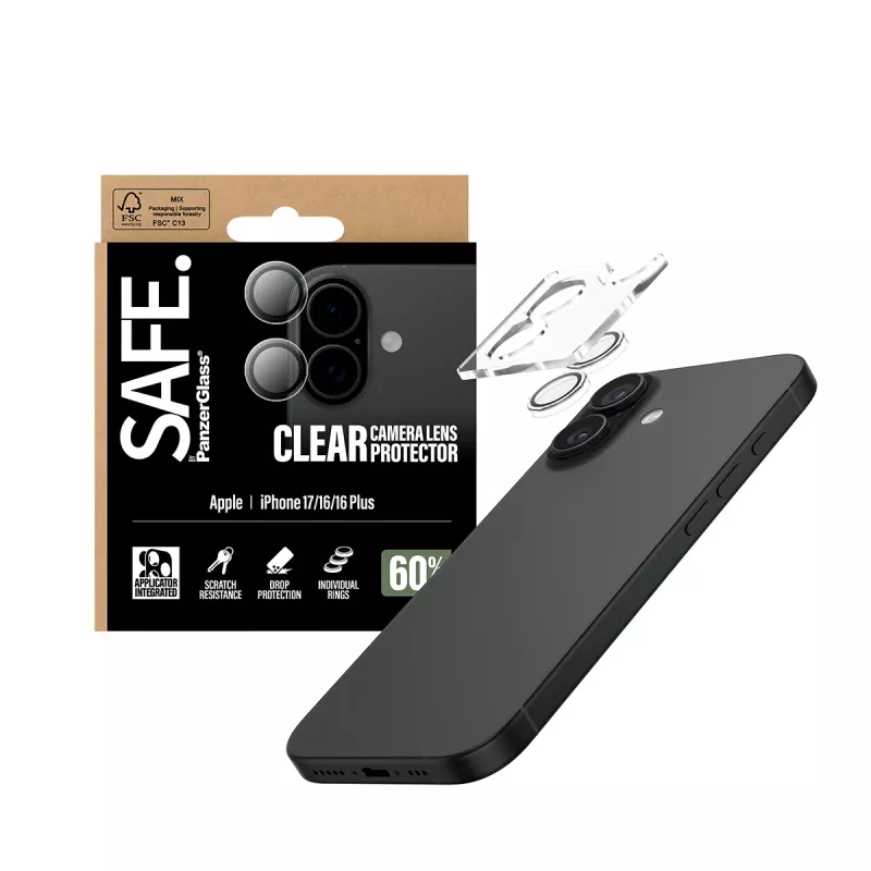 Proteção de lente de câmara PanzerGlass SAFE para iPhone 17 16 16 Plus resistente a riscos e choques transparente