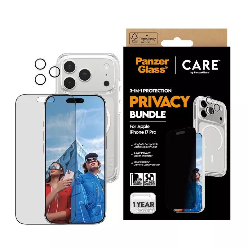 Capa de privacidade PanzerGlass para iPhone 17 Pro 3-em-1 — Série CARE, proteção de privacidade, cobertura de câmara integrada