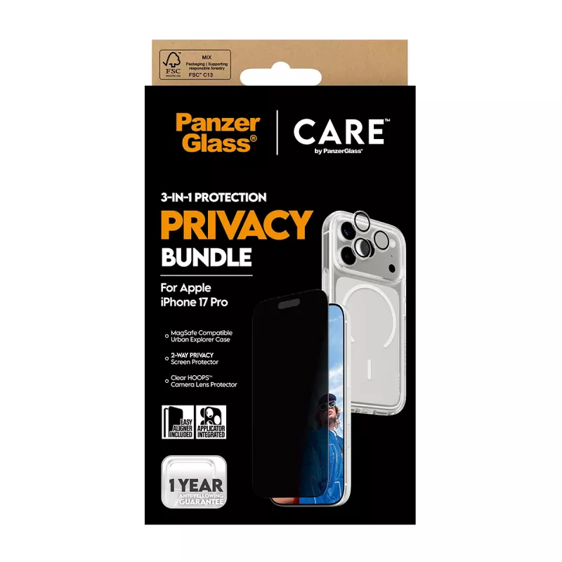 Capa de privacidade PanzerGlass para iPhone 17 Pro 3-em-1 — Série CARE, proteção de privacidade, cobertura de câmara integrada