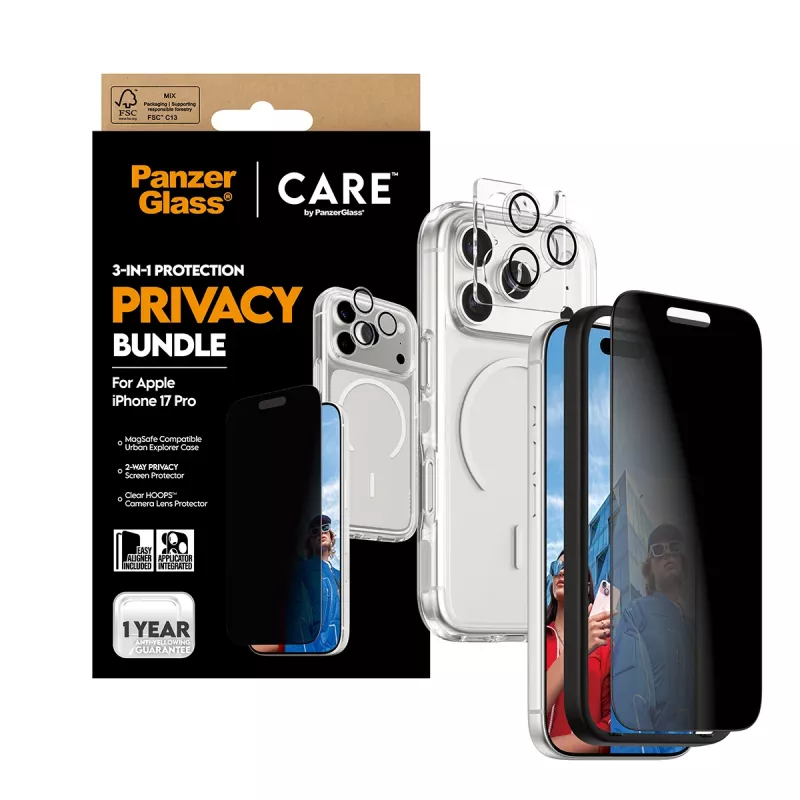 Capa de privacidade PanzerGlass para iPhone 17 Pro 3-em-1 — Série CARE, proteção de privacidade, cobertura de câmara integrada