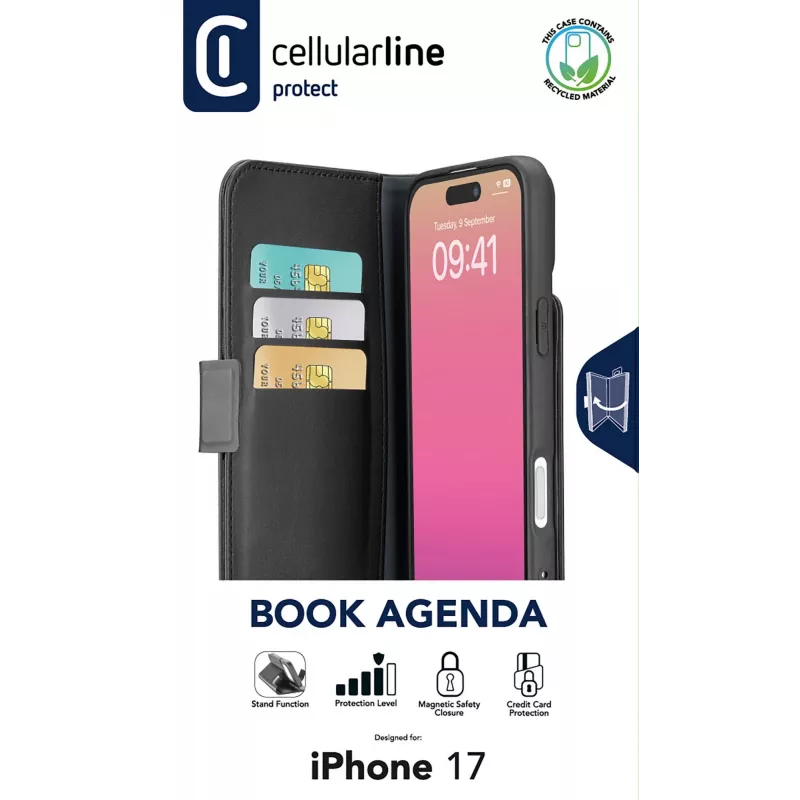 Cellularline Book Agenda – Capa tipo livro em pele sintética com fecho magnético para iPhone 17