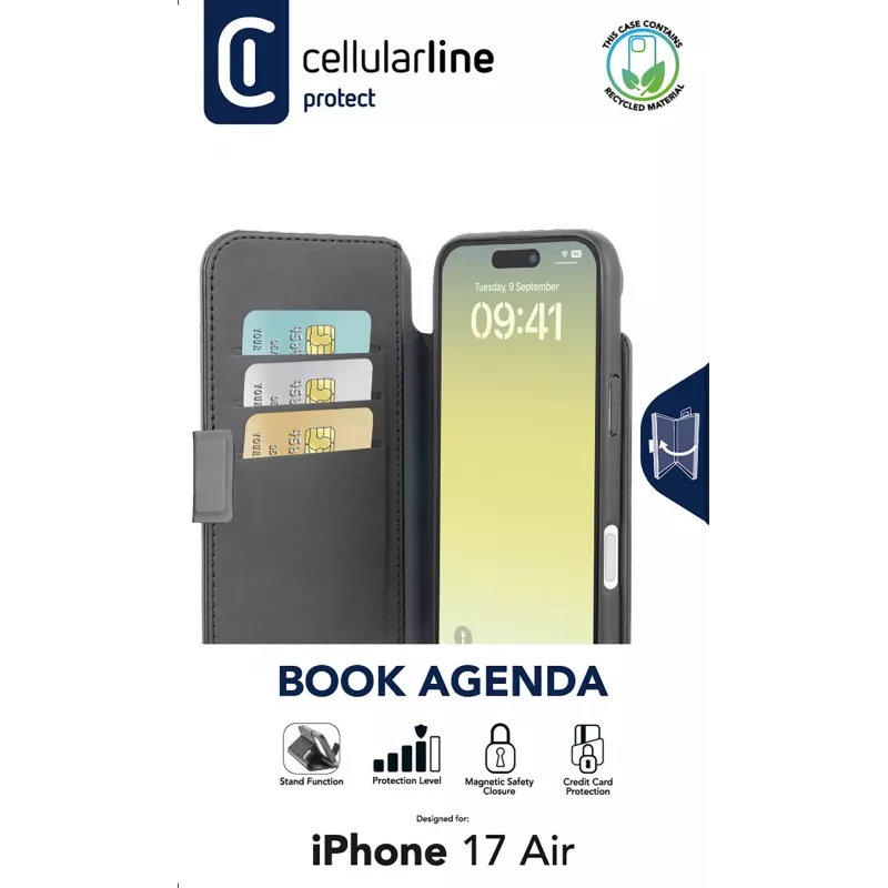 Cellularline Book Agenda – iPhone Air Capa tipo livro em pele sintética com fecho magnético
