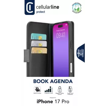 Cellularline Book Agenda – iPhone 17 Pro Capa tipo livro em pele sintética com fecho magnético