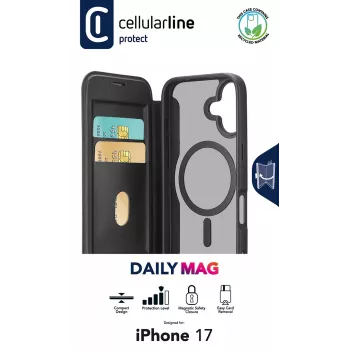 Cellularline Daily Mag - iPhone 17 Capa tipo livro com parte traseira rígida semitransparente, compatível com o ecossistema MagSafe®